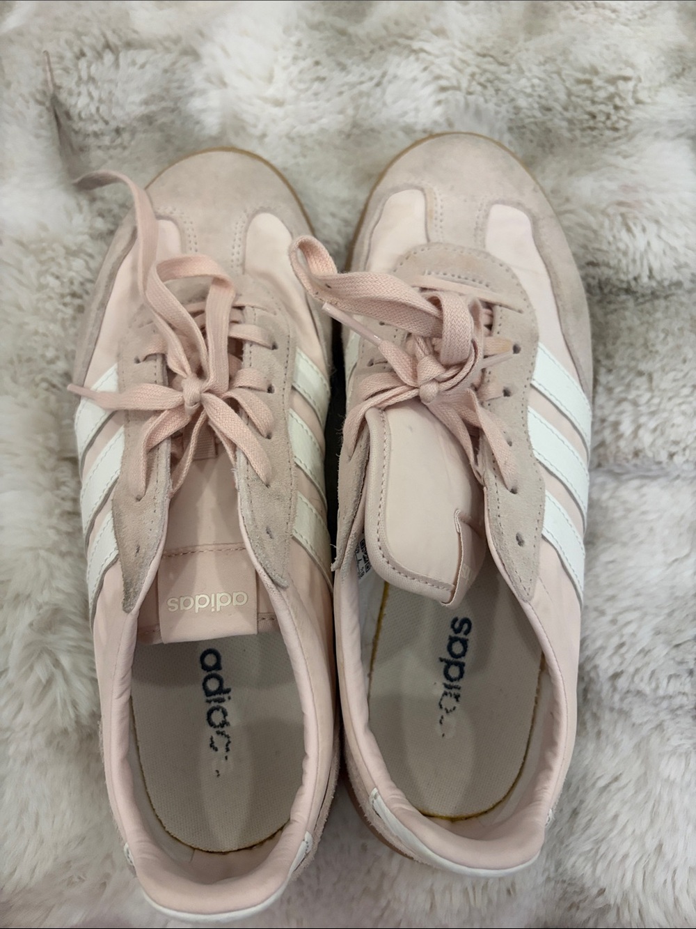 adidas Women's Pale Pink Suede Sneakers with White Stripes